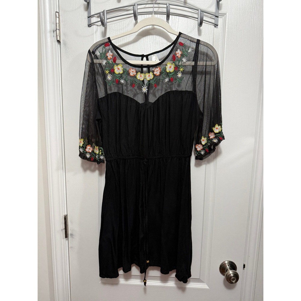 True Destiny Black Mesh‎ Embroidered Flower Dress Women's Size L Boho
